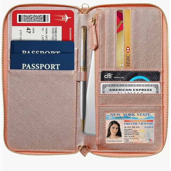 New Travel Document Passport Organizer Wristlet Wallet Case RFID Tech Rose Gold - Picture 4 of 6